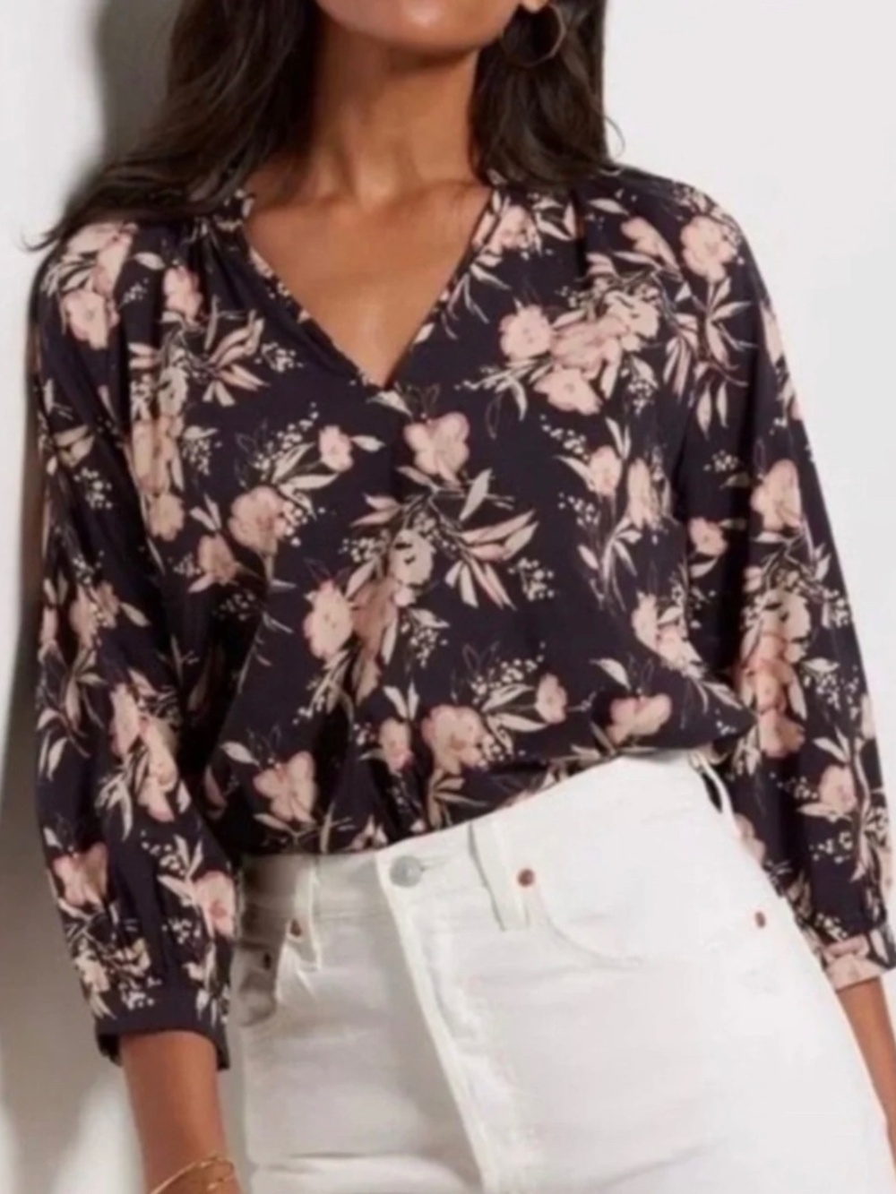 Evereve Blouse Top Stella Floral Cotton Blend Boho Peasant Black Multi